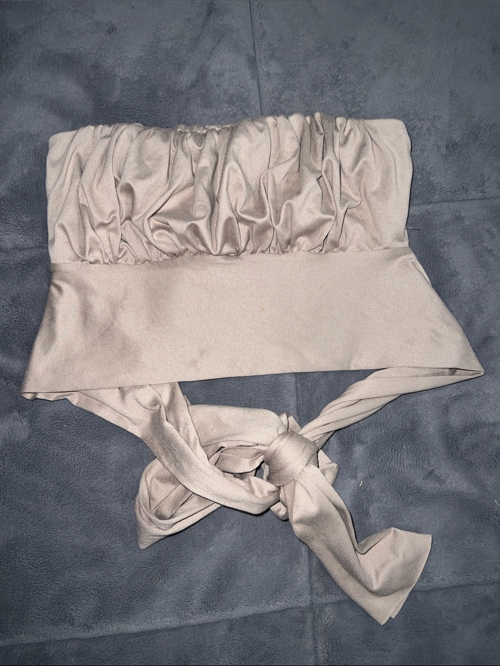 Ruched Strapless Crop Top with Adjustable Tie - Light Beige